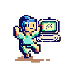 pixel art image of woman doing tai chi while holding a laptop